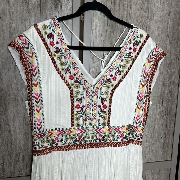Sundance White Dress Size 10 Midi Embroidered Bohemian Long Full Skirt Cotton - Picture 2 of 8
